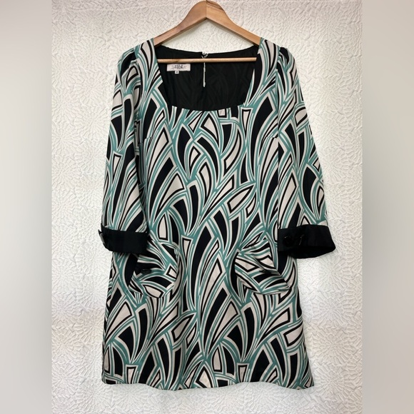 Tibi Shift Dress Size 10 Geometric Pattern Black White Teal 100% Silk Business - Picture 16 of 16